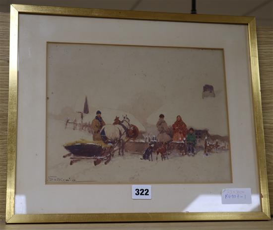 Adam Setkowicz, watercolour, family and sled in winter, signed, 23 x 30cm.
